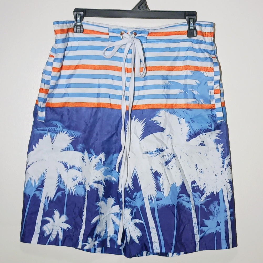 Original Deluxe Swim Trunks Blue Tropical‎ Palm Tree Striped Board Shorts L